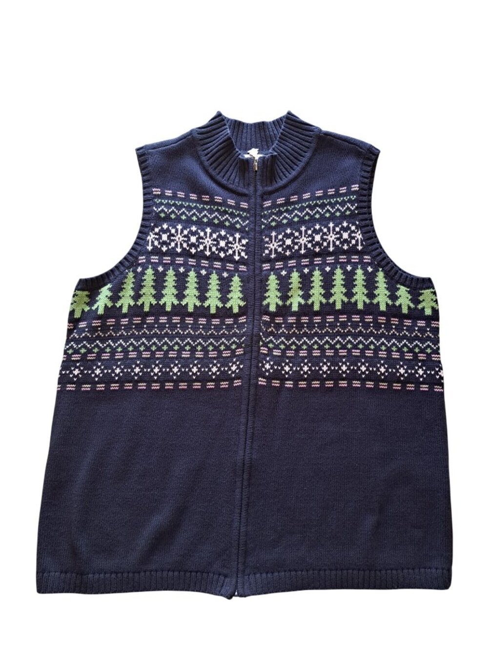 CJ Banks Womens 2X Navy Blue Knit Sweater Vest Green Tree Snowflake Winter Xmas